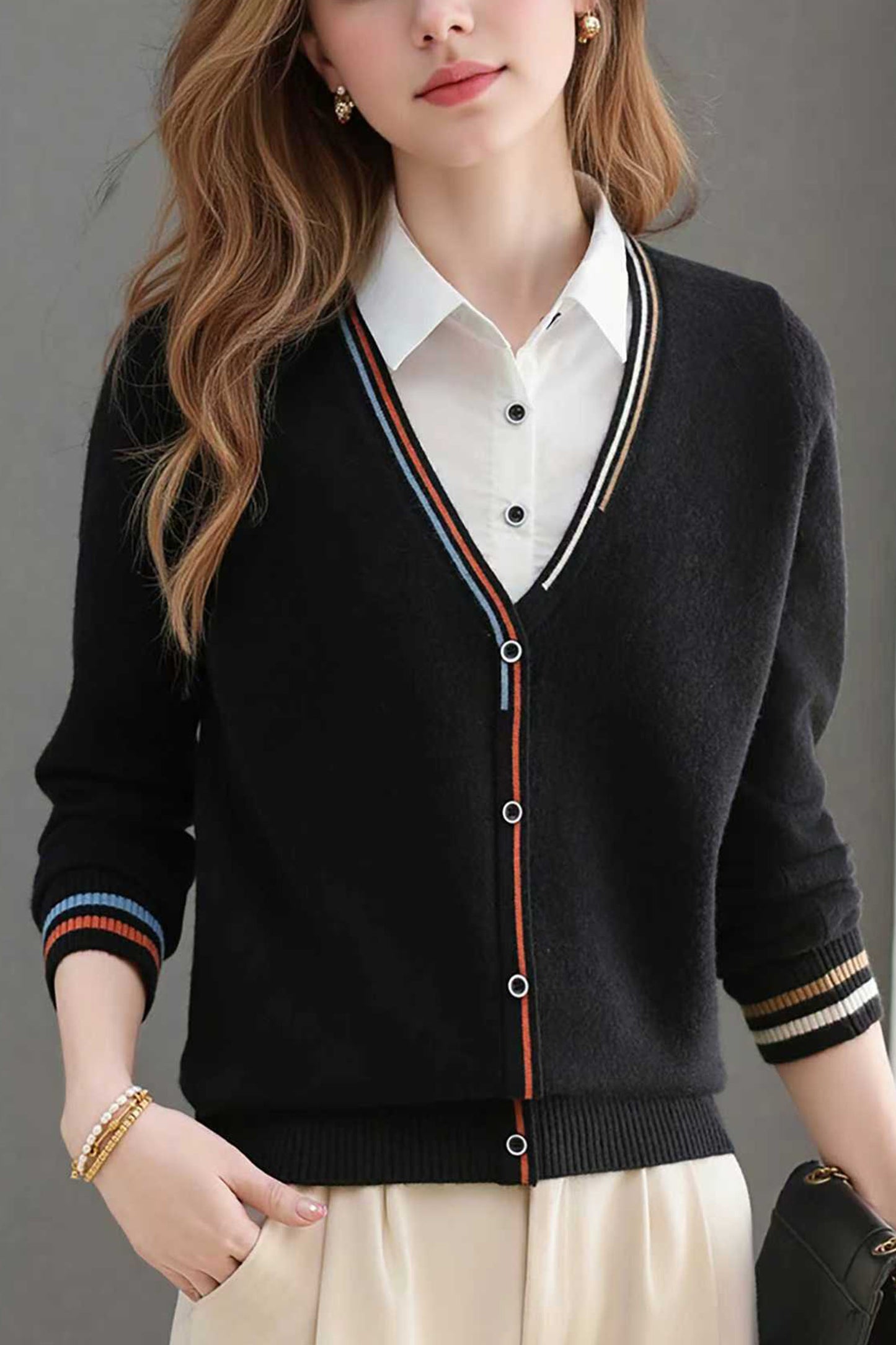Women's V-Neck Collared Long Sleeve Shirt Striped  Blouse