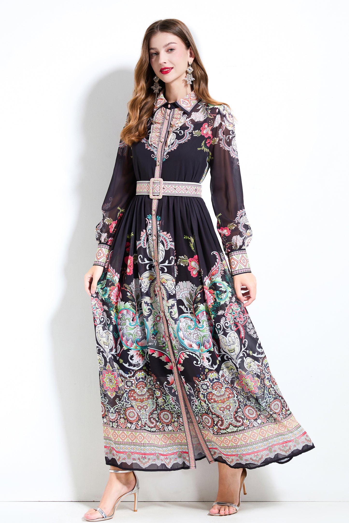 Women's Floral Print Belt Flowy Maxi Dress