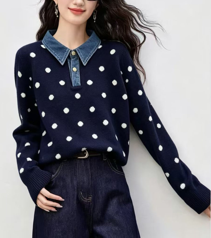 Polka Dot Knit Top with Denim Collar