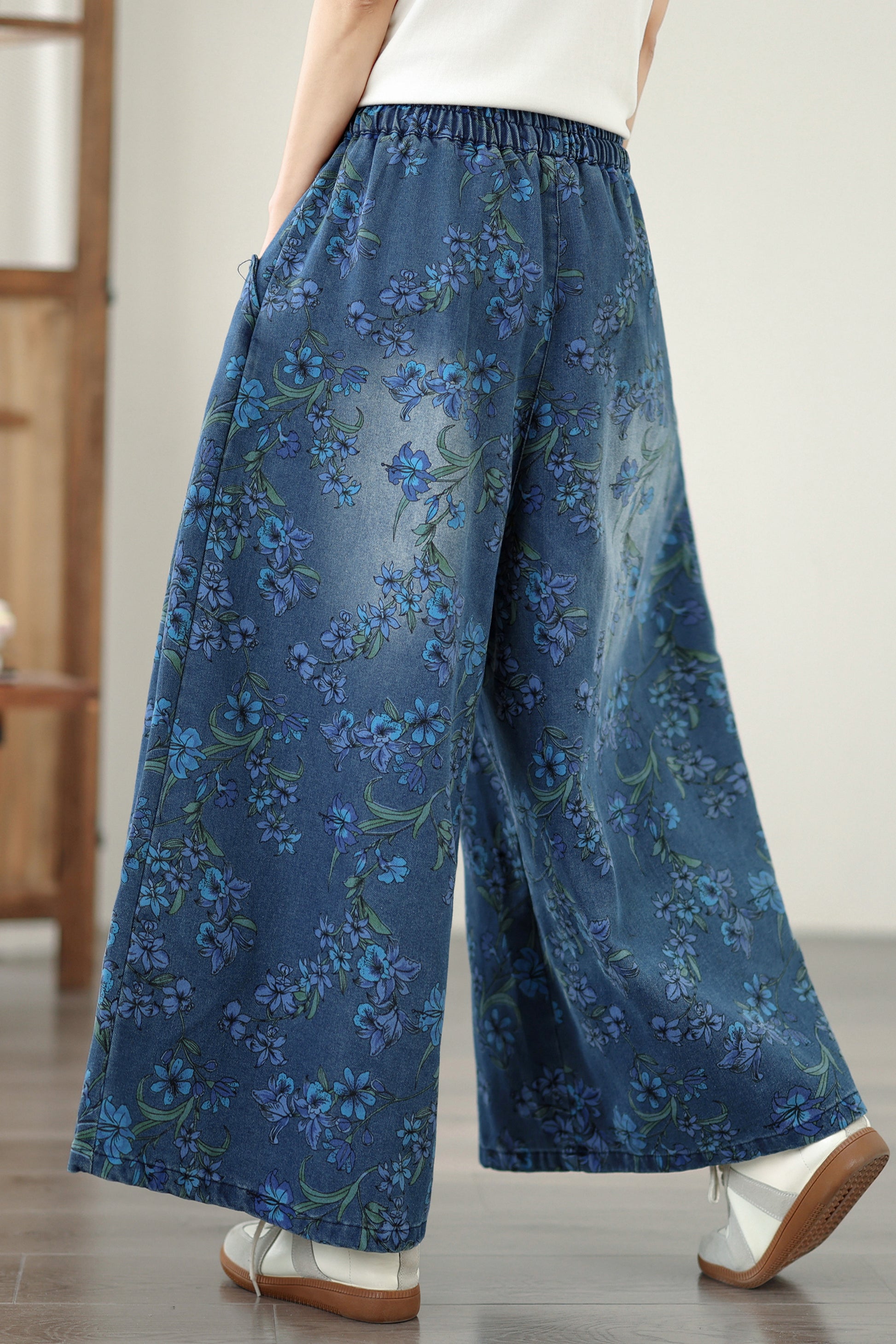26-Women's Jeans Elastic Waist Baggy Wide Leg Denim - LAI MENG FIVE CATS
