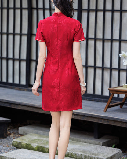 Red Jacquard Cheongsam Dress Embroidered Short Sleeve Mini Dress