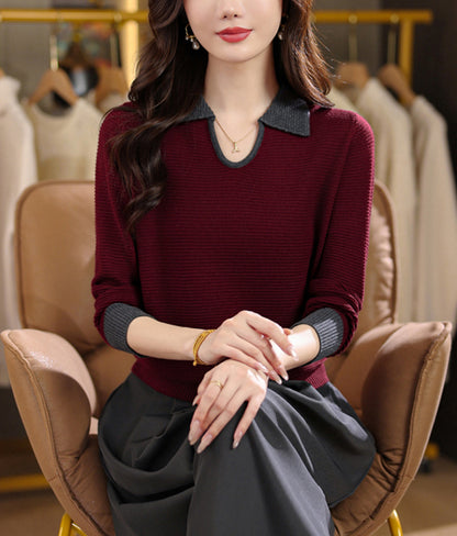 Chic Contrast Collar Ribbed Knit Top – Women's Polo V-Neck Sweater - LAI MENG FIVE CATS