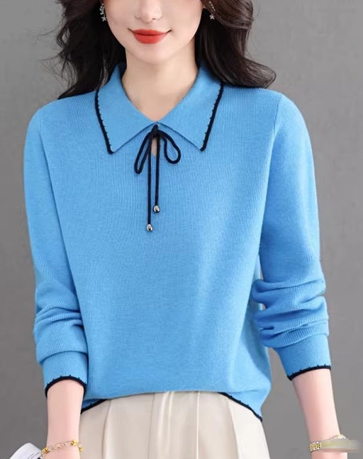 Contrast Trim Bow Collar Knit Top Long Sleeve Soft Sweater