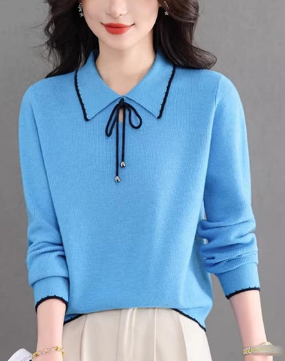 Contrast Trim Bow Collar Knit Top Long Sleeve Soft Sweater
