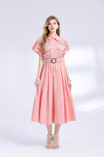 Women's Lace Collar Short Sleeves Pocket Midi Dress