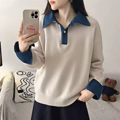 Denim Collar Color-Block Knit Sweater – Faux Two-Piece Long Sleeve Top - LAI MENG FIVE CATS