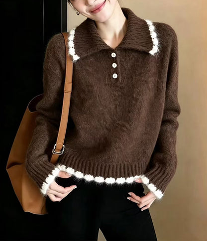 Contrast Trim Knit Polo Sweater | Soft Long Sleeve Pullover