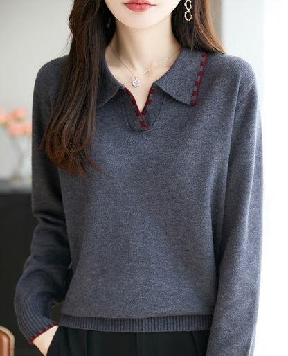 Elegant Contrast Trim Collared V-Neck Long Sleeve Knit Sweater