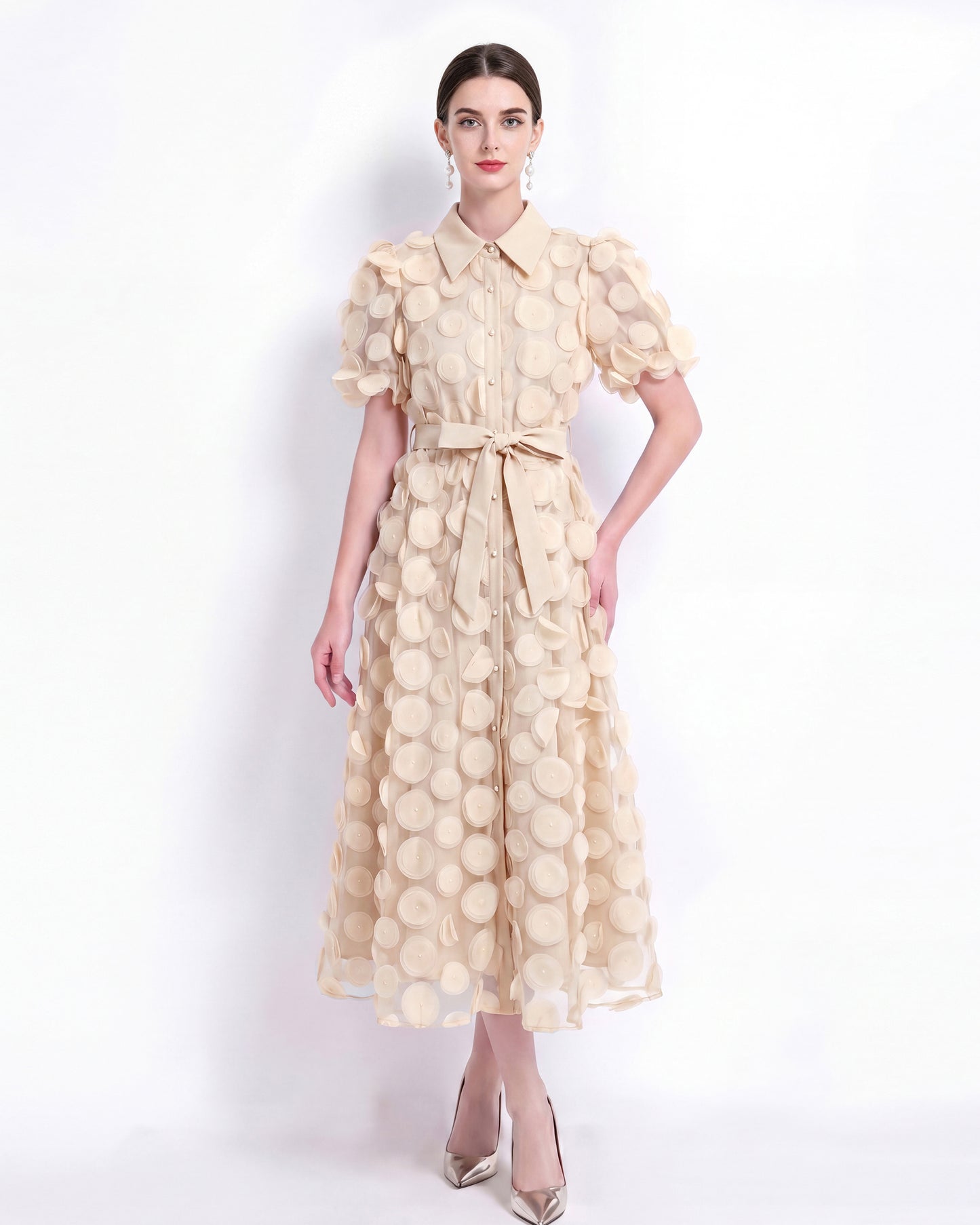 LAI MENG FIVE CATS Beige 3D Floral Midi Dress