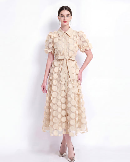 LAI MENG FIVE CATS Beige 3D Floral Midi Dress