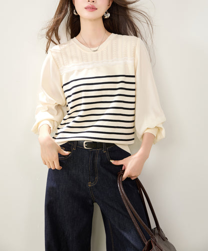 Ivory Striped Lace-Detail Knit Sweater with Chiffon Sleeves