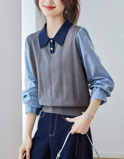 Color Block Cable Knit Polo Top – Faux Two-Piece Sweater Shirt