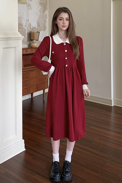 Women's Peter Pan Collar Ribbed Knit Sweater Midi Dress