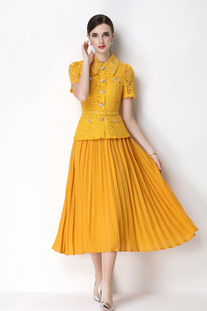 French Chic Lace Pleated Midi Dress with Belt