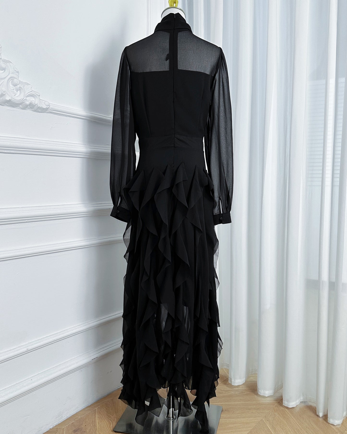 Elegant Chiffon Maxi Dress with Scarf Neck & Rhinestone Fringe