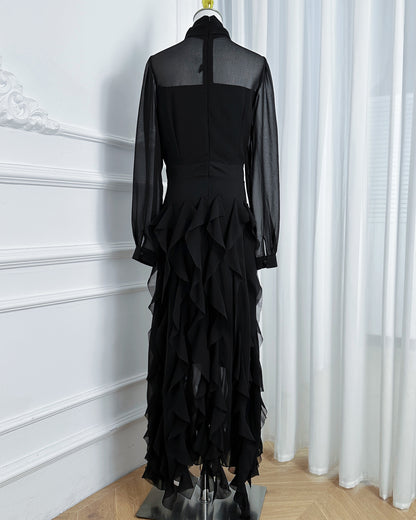 Elegant Chiffon Maxi Dress with Scarf Neck & Rhinestone Fringe