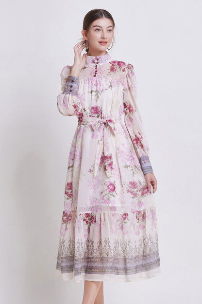 Women's Chiifon Floral Print Lantern Sleeve Midi Dress