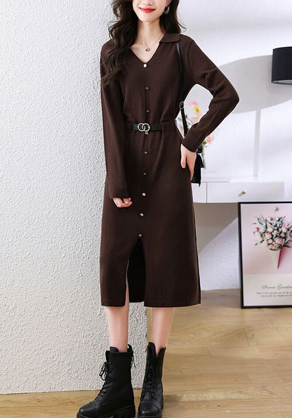 Elegant Lapel V-Neck Knit Midi Dress: Button Decoration & Belted Waist