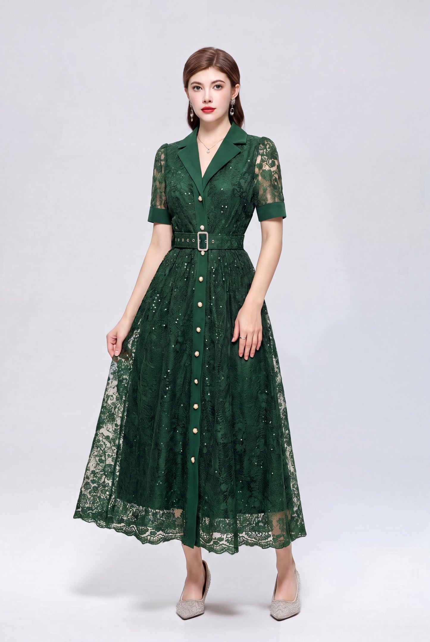 V Neack Lace Midi Dress with Belt