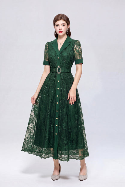 V Neack Lace Midi Dress with Belt