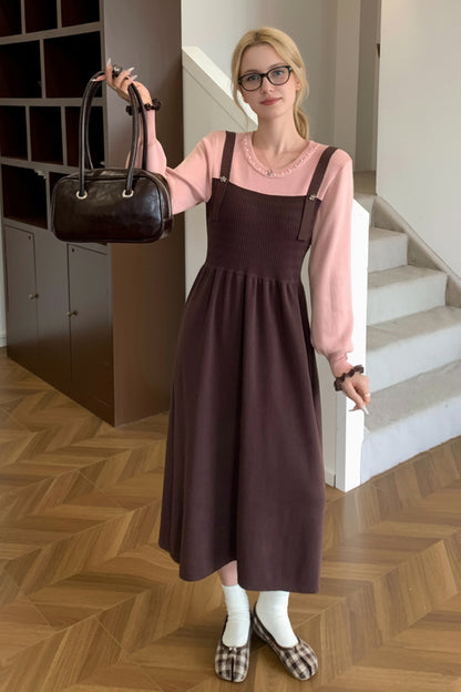 Women's 2 in 1 Sweater Knit Long Sleeve Midi Dress
