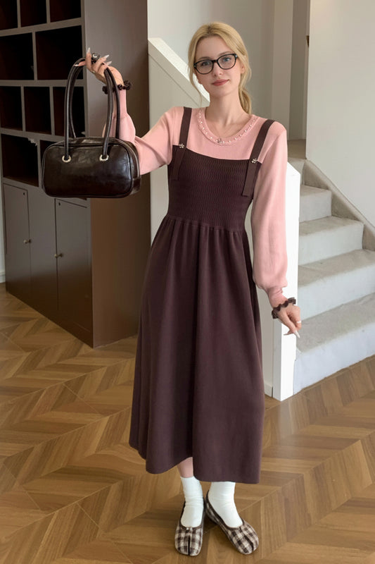Women's 2 in 1 Sweater Knit Long Sleeve Midi Dress