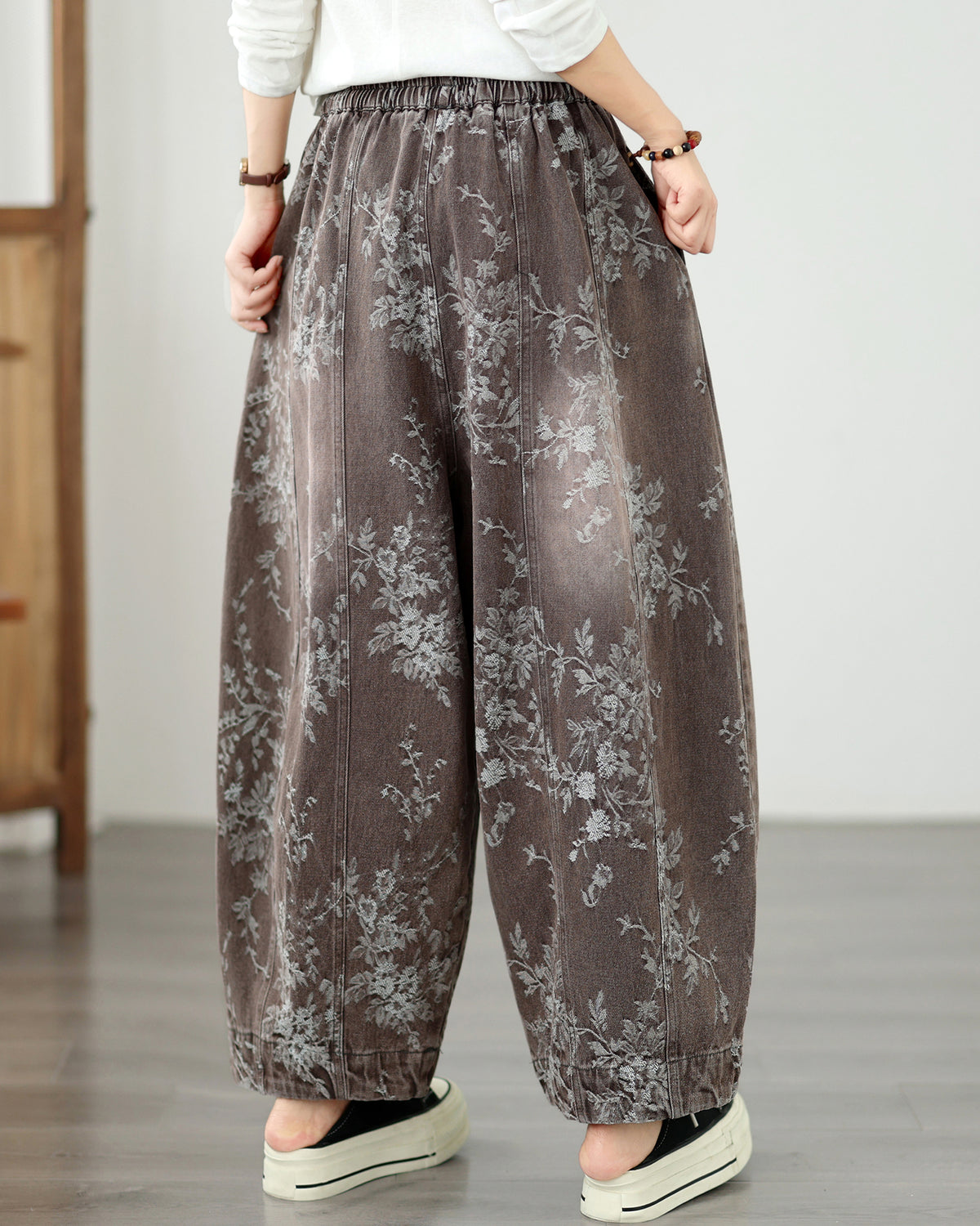 Vintage Floral Denim Harem Pants - Women's Boho Wide Leg Lantern Trousers