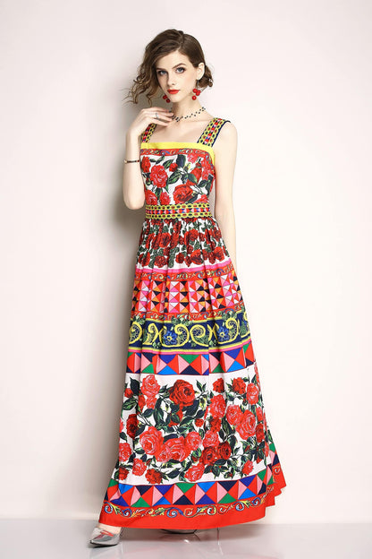 Women's Summer Boho Floral Print Spaghetti Strap Maxi Sun Dress