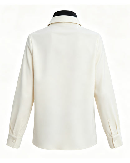 Color Block V-Neck Blouse - Contrast Half-Zip Lapel Collar Elegant Top