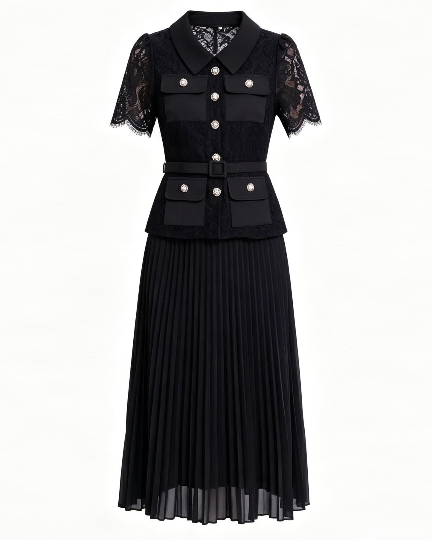 Lace Pleated Midi Dress | Elegant Fake Two-Piece Collared Dress
