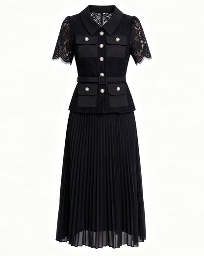 Lace Pleated Midi Dress | Elegant Fake Two-Piece Collared Dress