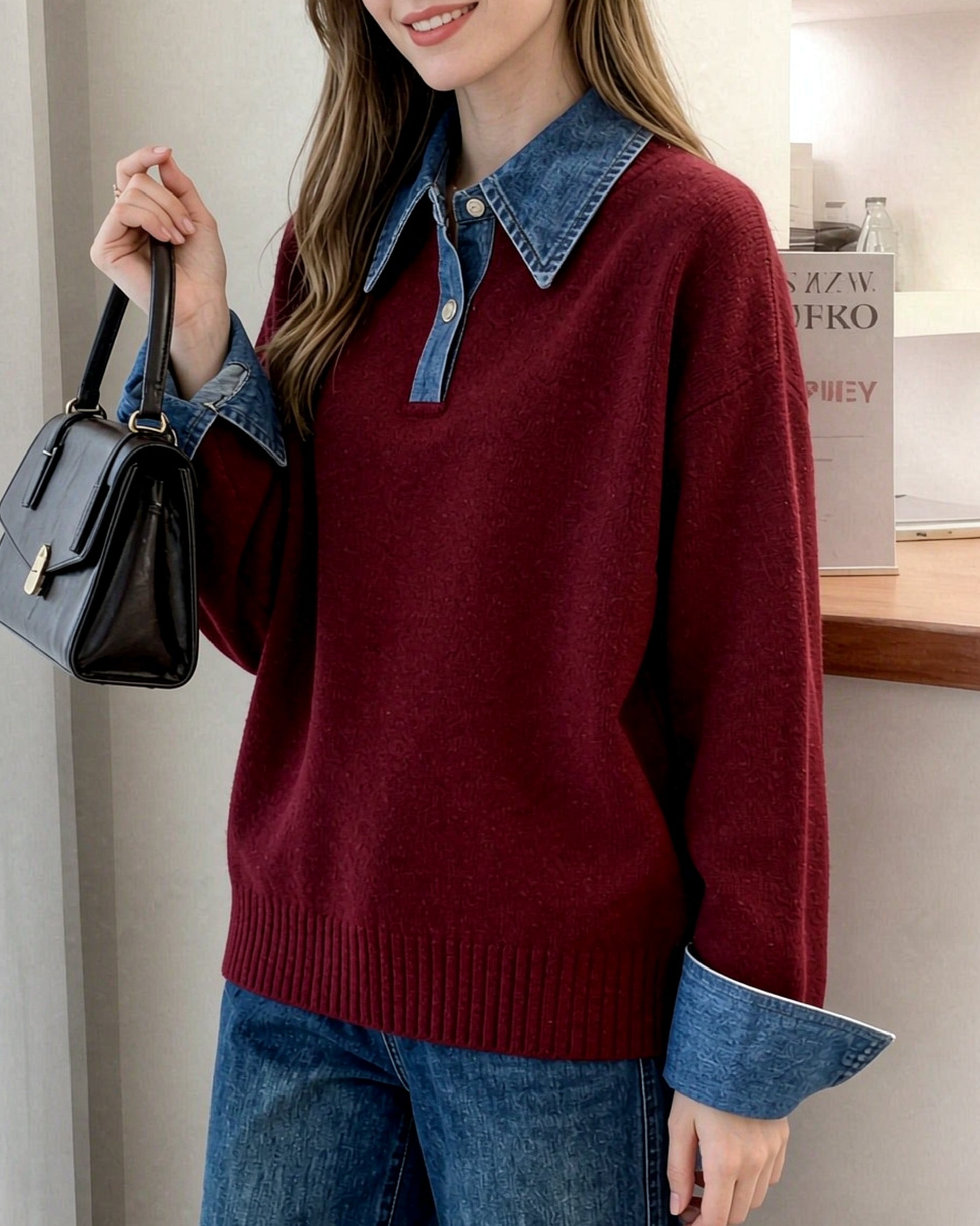 Denim Collar Color-Block Knit Sweater – Faux Two-Piece Long Sleeve Top - LAI MENG FIVE CATS