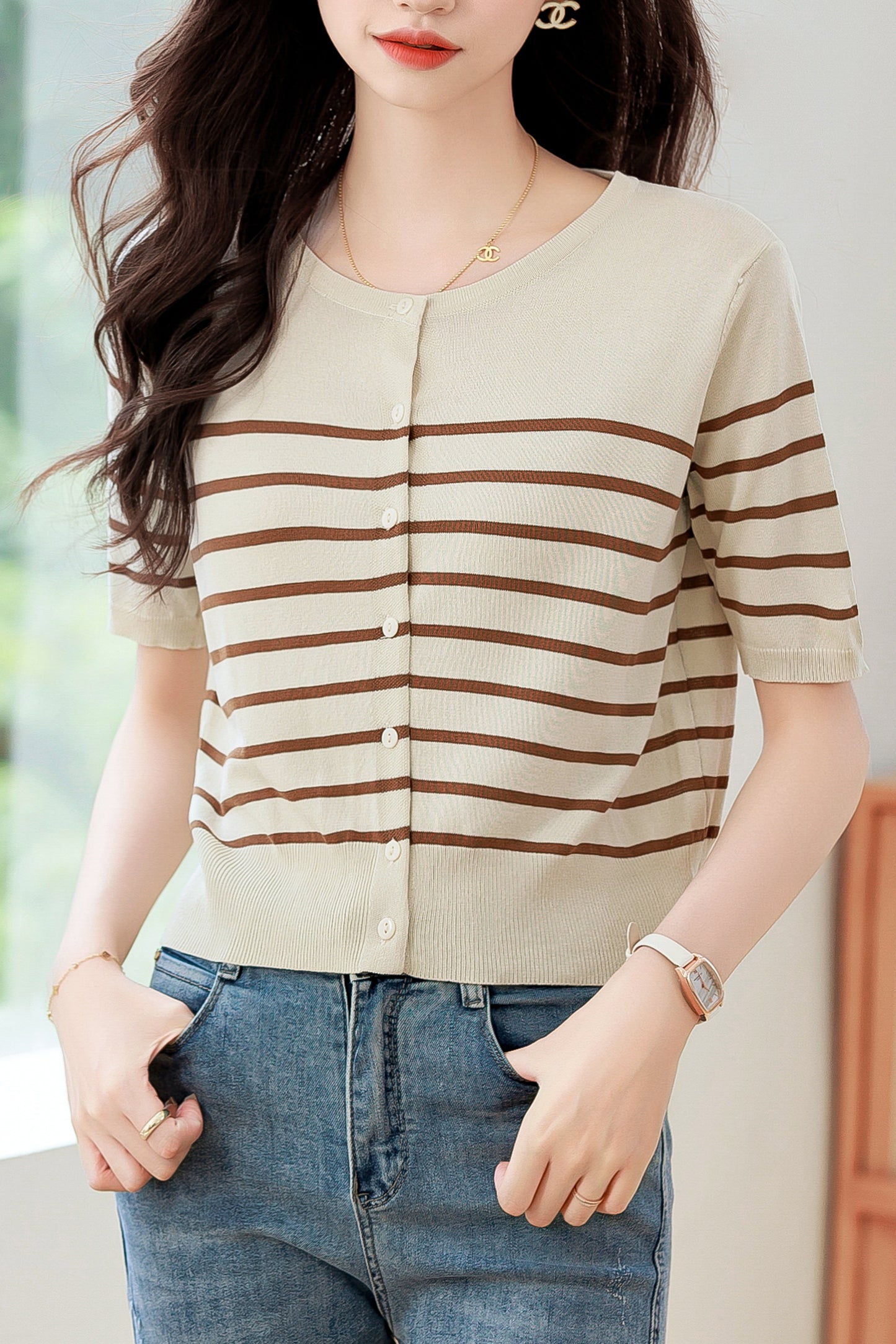 Women's Stripes Short Sleeve Knit Cardigan Tops