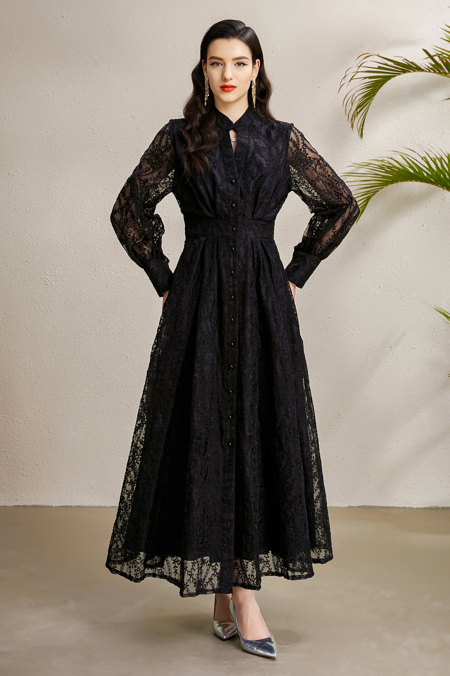 Women's V-Neck Lace Floral Lantern Sleeve Maxi Dress