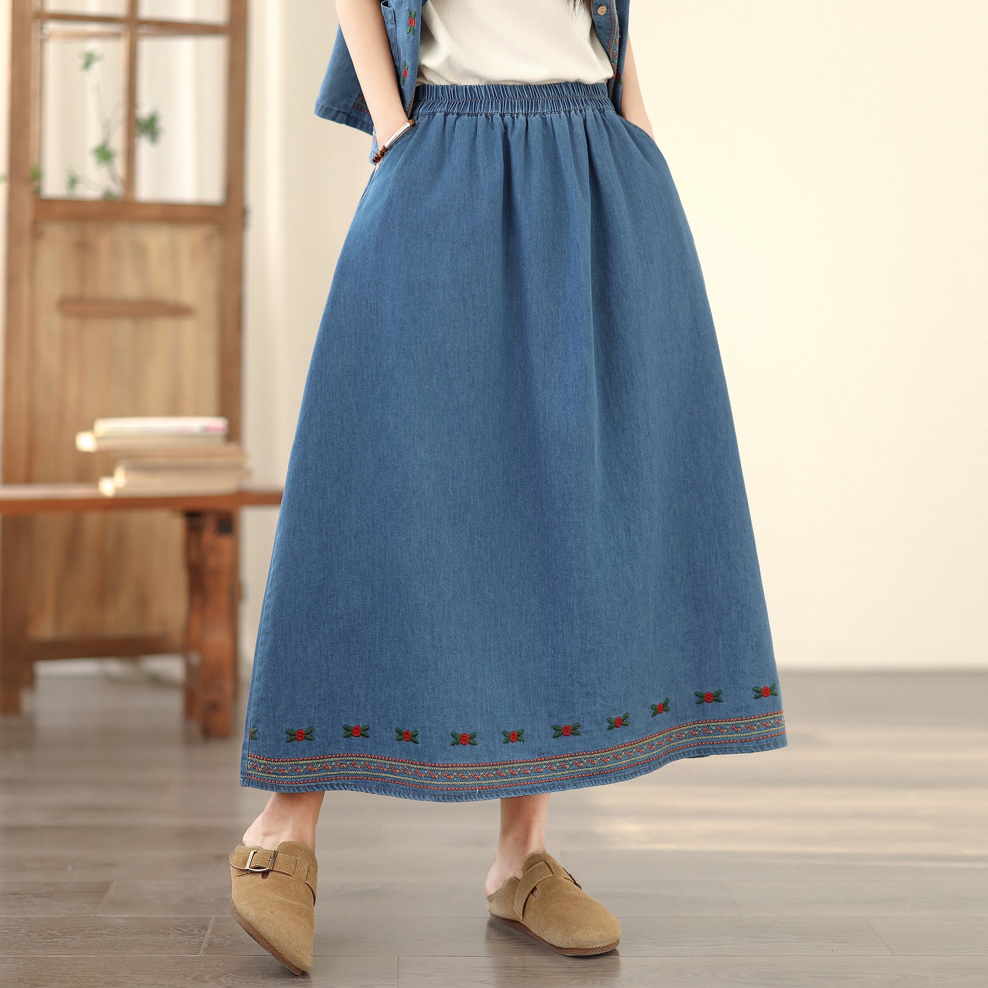 Women's Embroidered Elastic Waist Denim Jean Maxi Skirt Pocket - LAI MENG FIVE CATS