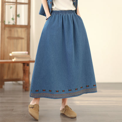 Women's Embroidered Elastic Waist Denim Jean Maxi Skirt Pocket - LAI MENG FIVE CATS