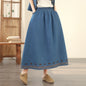 Women's Embroidered Elastic Waist Denim Jean Maxi Skirt Pocket - LAI MENG FIVE CATS