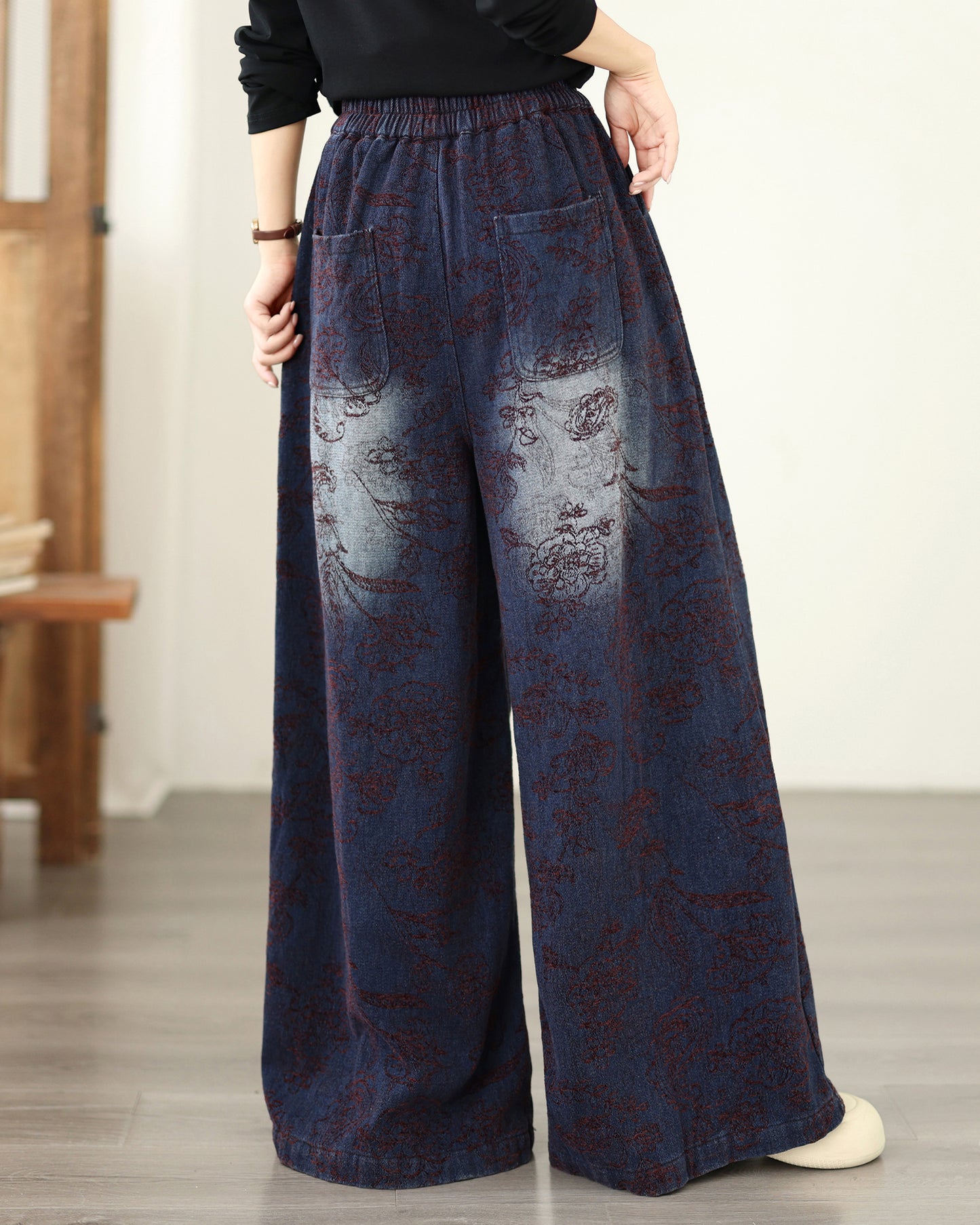 Retro Paisley Print Wide-Leg Jeans Vintage Wash Denim Pants