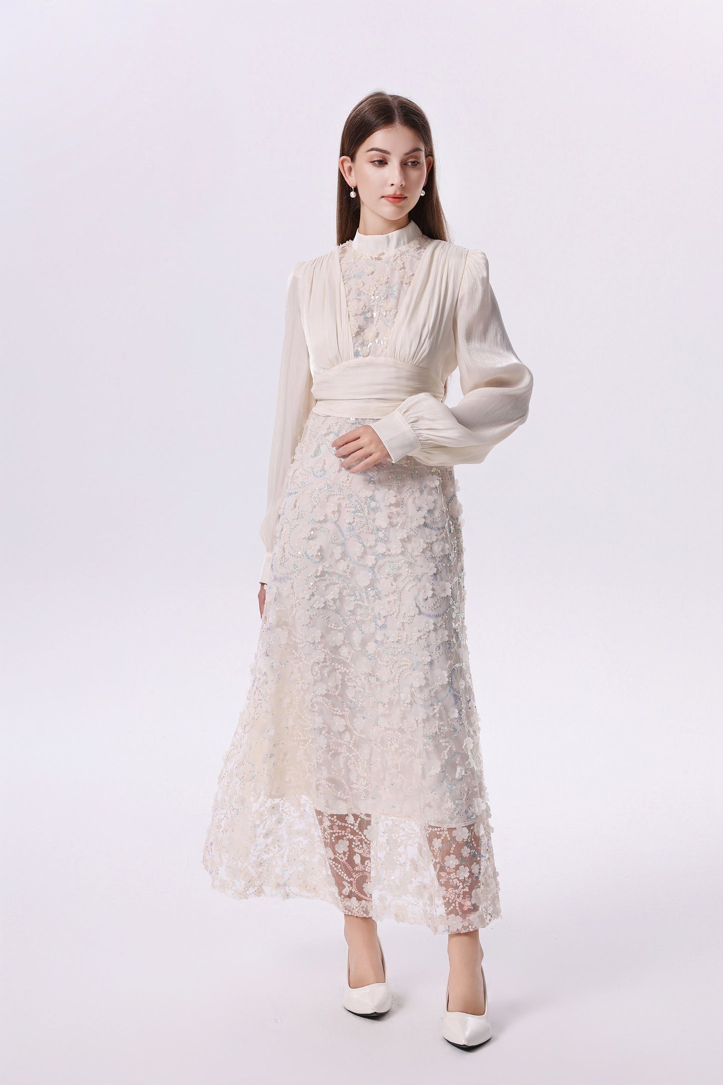 Elegant Sequin Embroidered 3D Floral Maxi Evening Dress