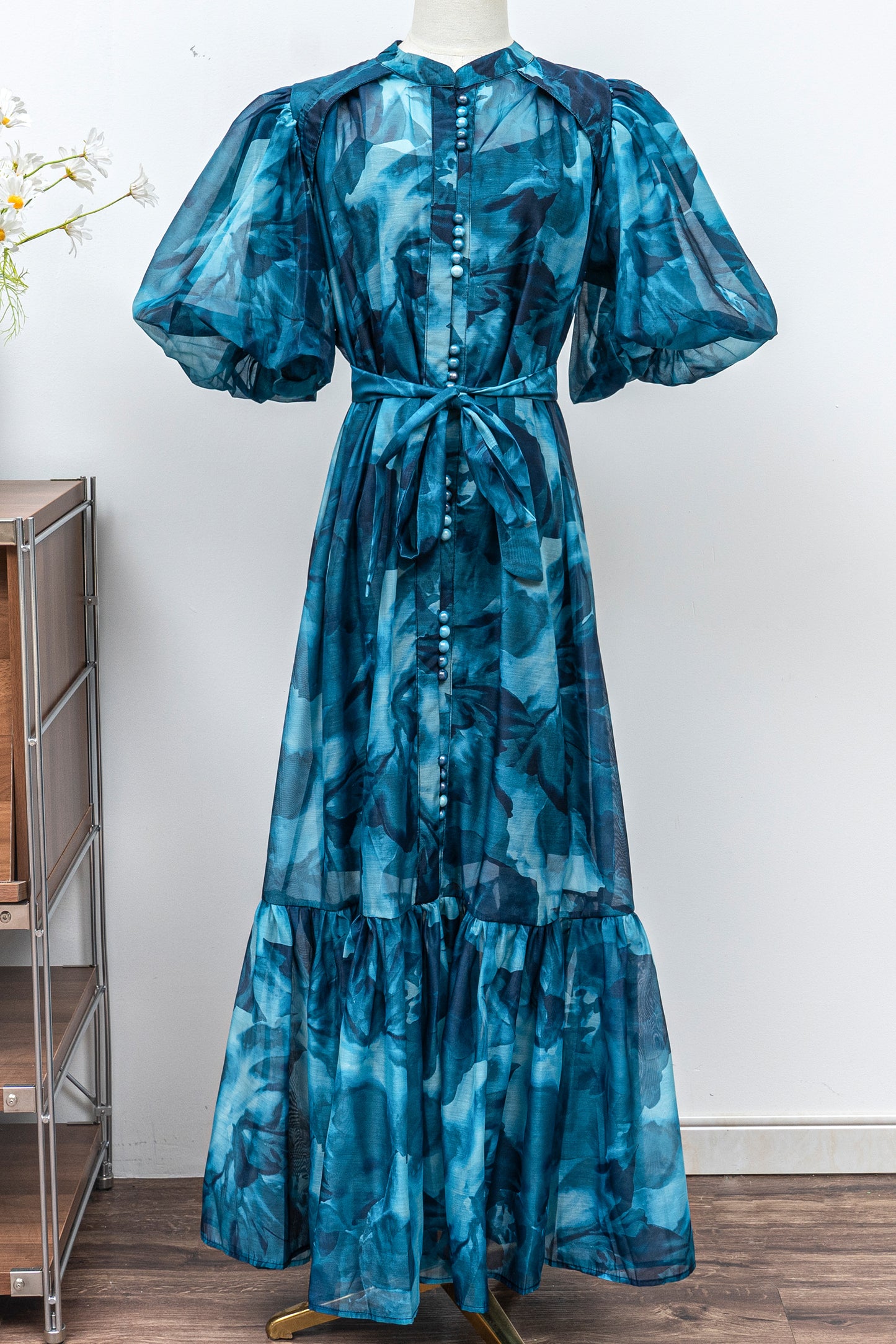 Women's Floral Print Puff Sleeve Fishtail Loose Maxi Dress