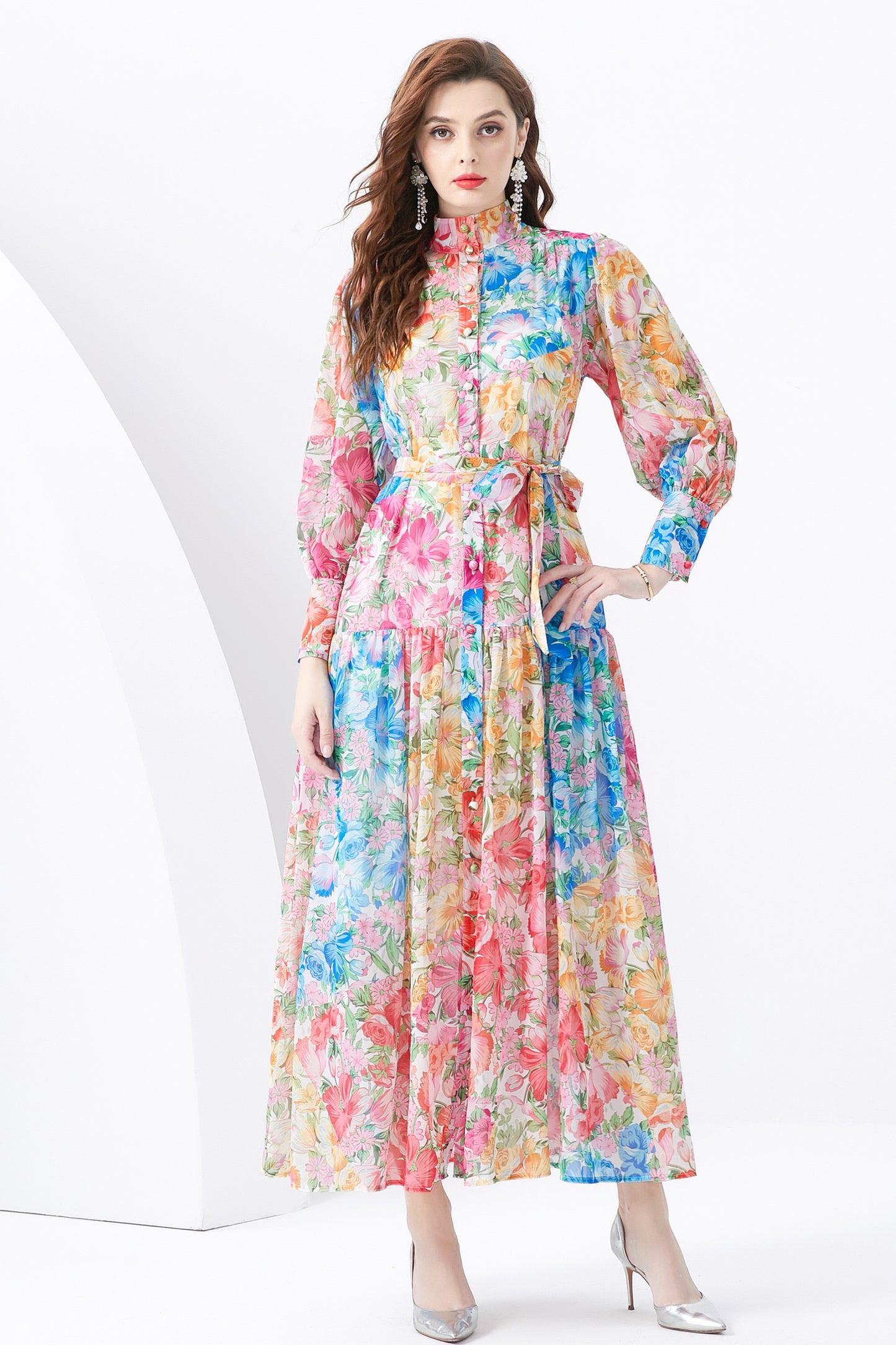 Women Button Up Floral Print Split Maxi Wrap Dress