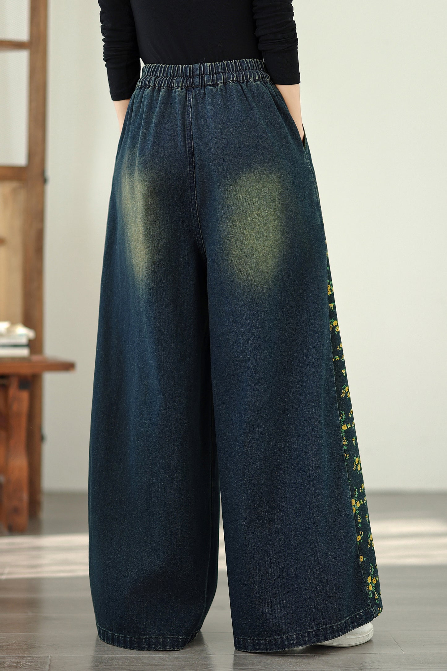 Women's Denim Wide Leg Baggy Jeans Drawstring Waist Pants - LAI MENG FIVE CATS