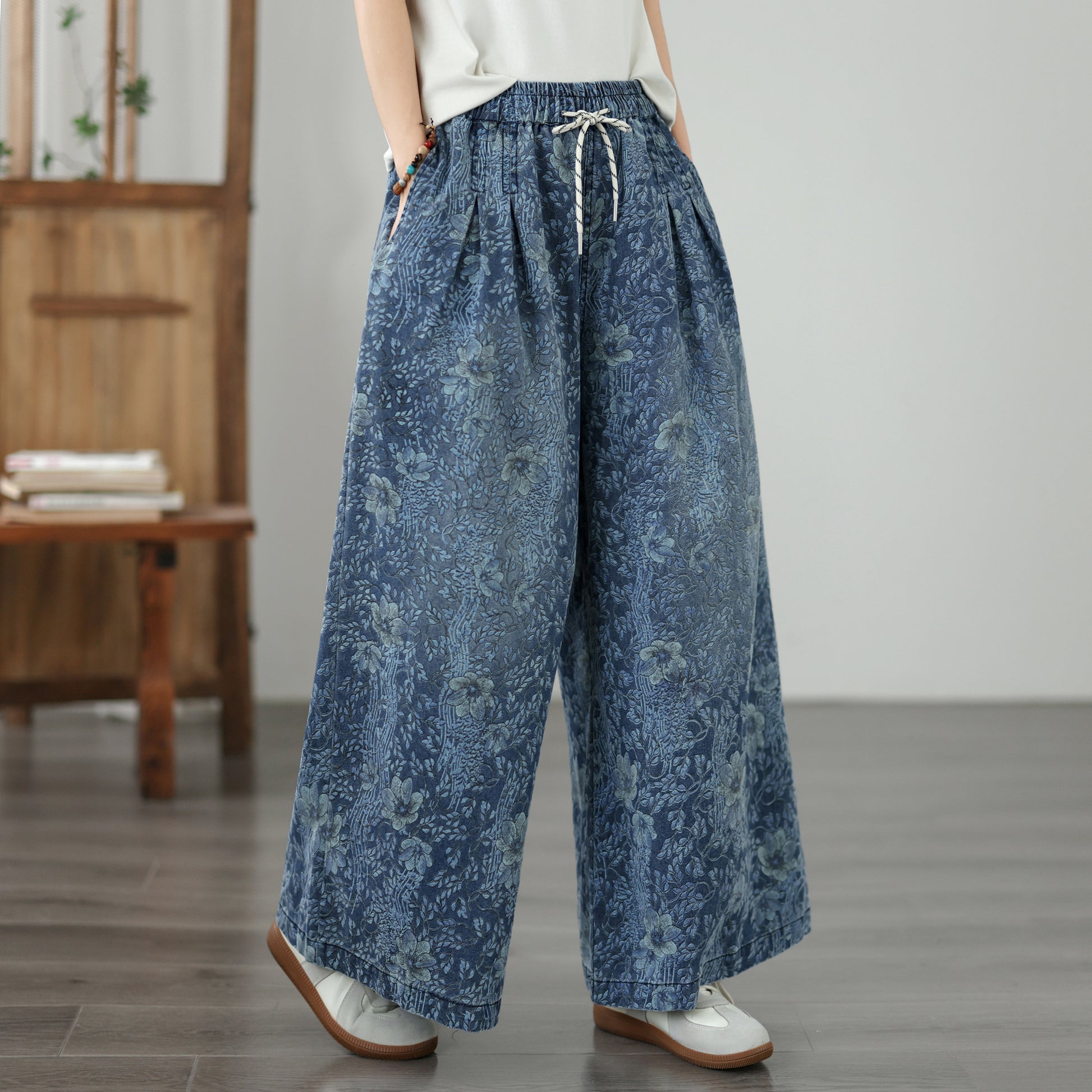 Women's Wide Leg Jeans Baggy Floral Wasited Elastic Pants - LAI MENG FIVE CATS