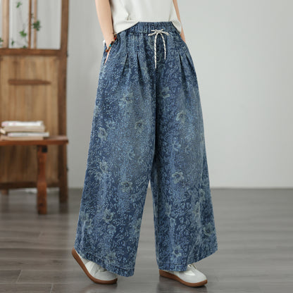Women's Wide Leg Jeans Baggy Floral Wasited Elastic Pants - LAI MENG FIVE CATS