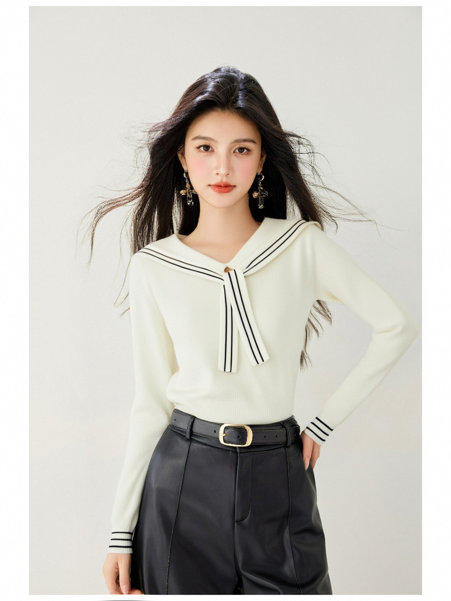 Women's Sailor Collar V-Neck Strip Knit Sweater Blouse