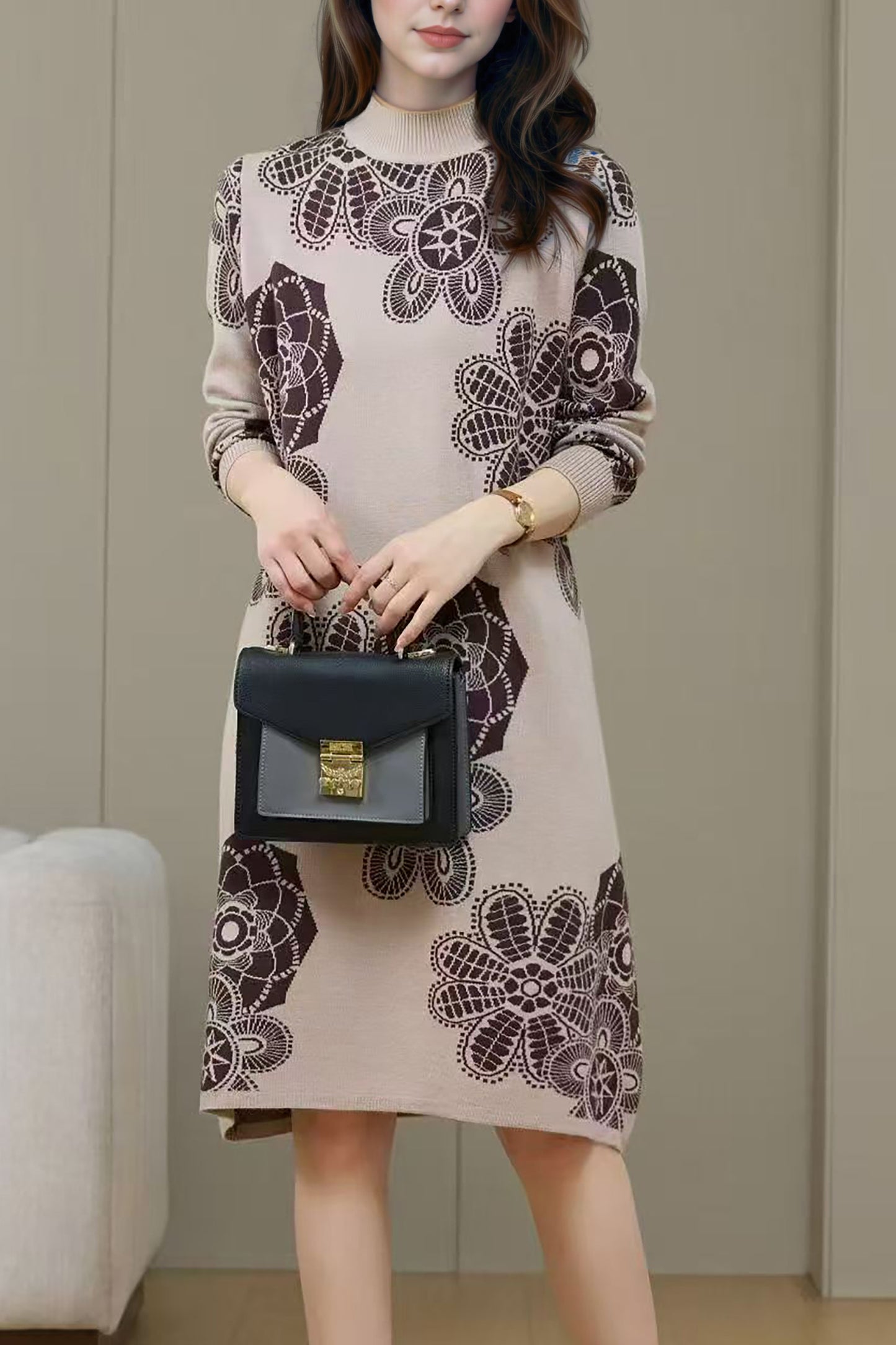 Women's Turtleneck Print Pullover Sweater Midi Dress