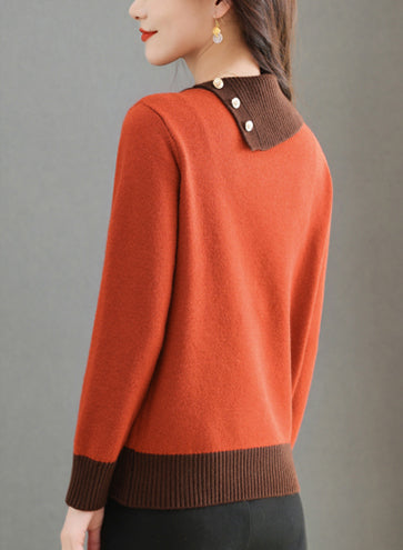 Chic Color-Block Knit Sweater – Asymmetric Neck Pullover Tops