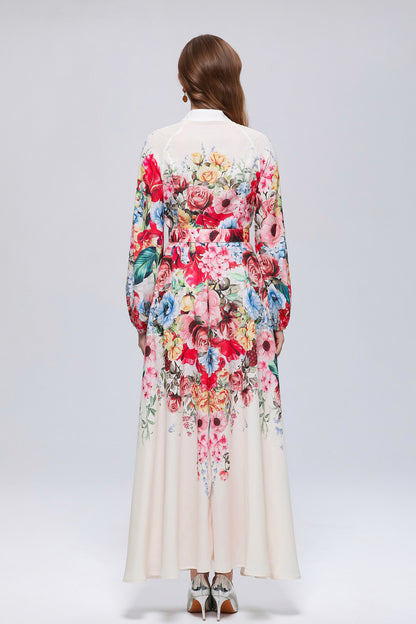 26-Women Floral Print Button Flowy Maxi Belt Dress