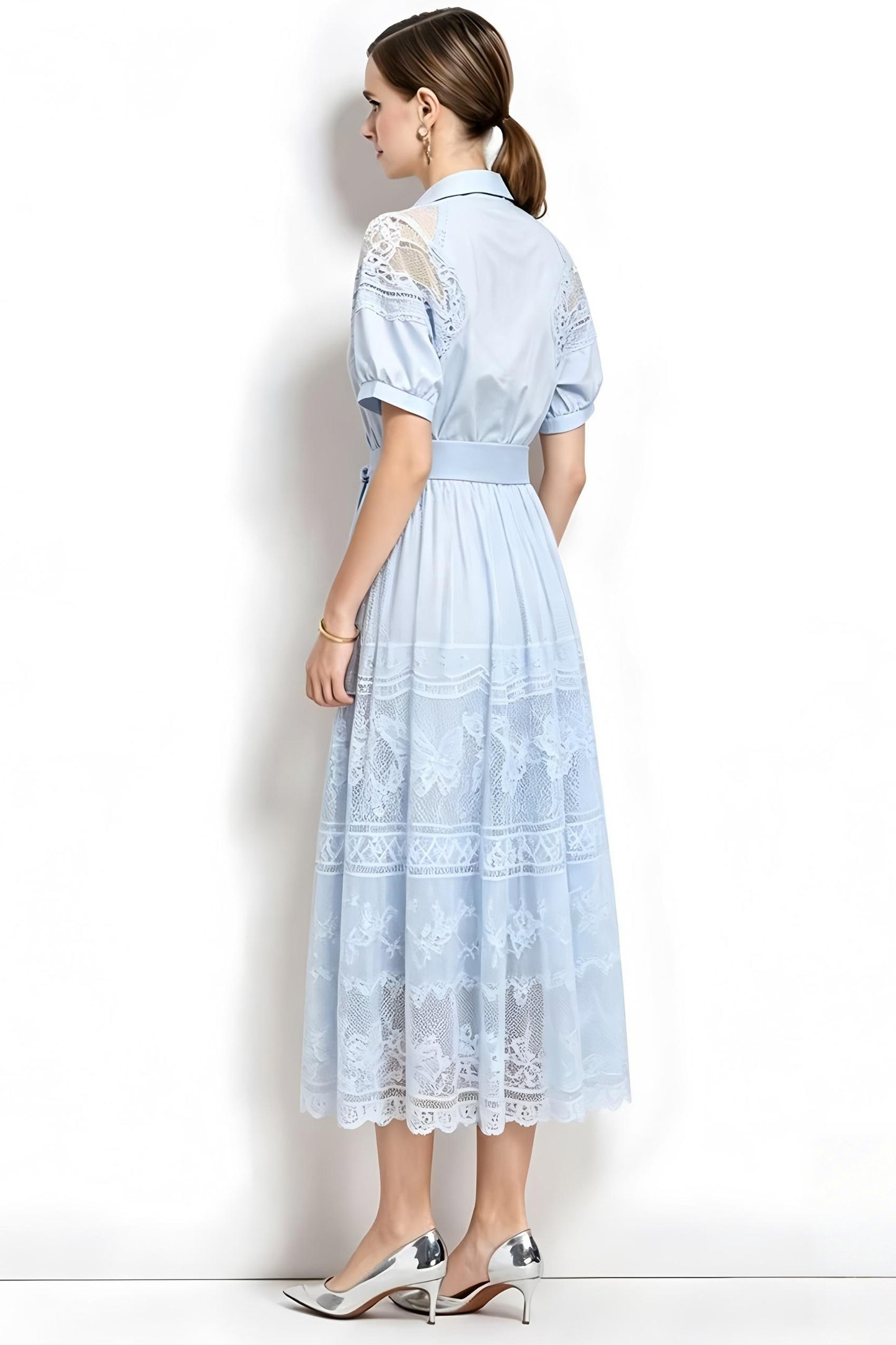 Romantic Blue Short Sleeve Lace Mesh Midi Dress with Belt