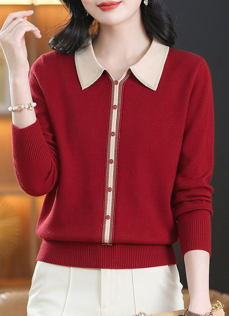 Chic Contrast Collar Knit Sweater Long Sleeve Pullover Top